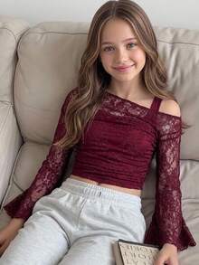 SHEIN ملابس علوية بناتي للمراهقات بتصميم 2 في 1، أكتاف مكشوفة مع دانتيل، أكمام طويلة غير متماثلة وأكمام جرس - عنابي اللون - مشاهدة 8