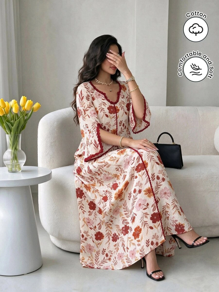 Mulvari Summer Cotton Printed Loose Fit Youthful Mid-Sleeve Flared Elegant Floral Vacation Dress - Multicolor - View 1