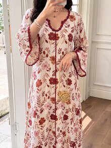 Mulvari Summer Cotton Printed Loose Fit Youthful Mid-Sleeve Flared Elegant Floral Vacation Dress - Multicolor - View 5