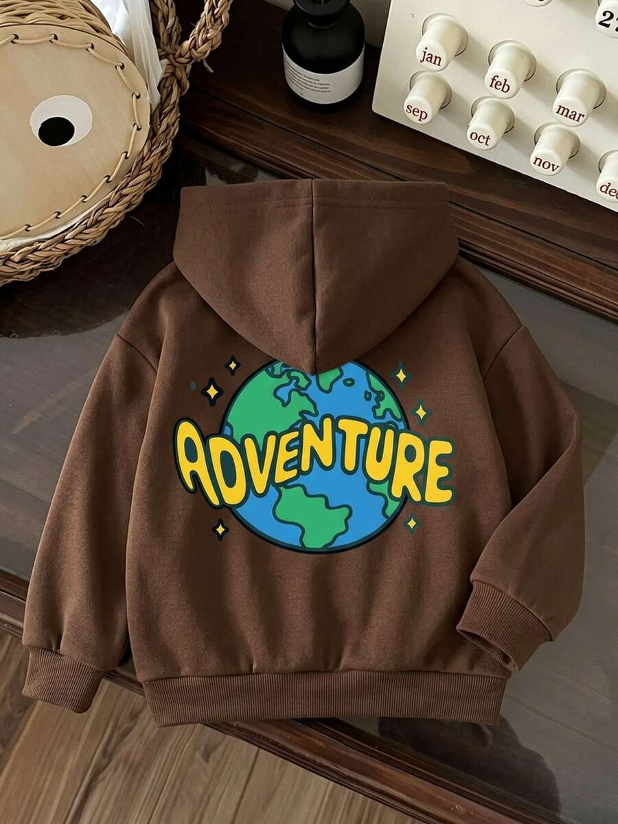 Young Boy Adventure Globe Back Print Sweatshirt Brown Long Sleeve Hooded Sweatshirt For Fall Winter Earth Letter Slogan Pullover Top School Daily Wear - Multicolor - View 1