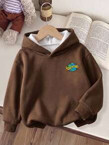 Young Boy Adventure Globe Back Print Sweatshirt Brown Long Sleeve Hooded Sweatshirt For Fall Winter Earth Letter Slogan Pullover Top School Daily Wear - Multicolor - View 2
