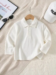 SHEIN Young Boy White Knit Long Sleeve Polo Shirt Classic Lapel Collar Casual Top For School Fall Winter Academy Preppy Shirt Family Party Daily Wear - White - View 5