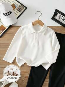 SHEIN Young Boy White Knit Long Sleeve Polo Shirt Classic Lapel Collar Casual Top For School Fall Winter Academy Preppy Shirt Family Party Daily Wear - White - View 7
