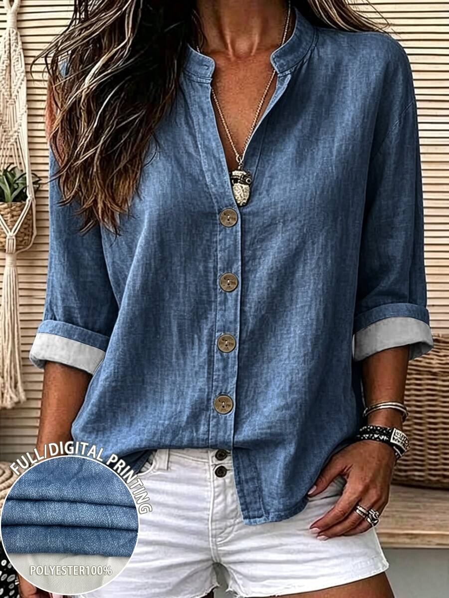SHEIN Franclia Women's Small Stand Collar Button-Front 3/4 Sleeve Blouse, Comfortable Home & Vacation Shirt - Blue - View 1