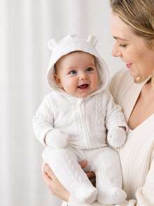 SHEIN Baby Hooded Jumpsuit Winter Cable Knit Sweater Romper, Cute Off-White Textured Zipper Outfit For Newborn Boy Girl, Infant Warm Fluffy Cozie Clothes - White - View 2