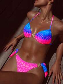 Swim Lushoire Women's Summer Beach Holiday Gradient Leopard Print Metal Decor Lace-Up Backless Sexy Bikini Set - Multicolor - View 3