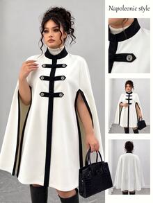 Elenzga جاكيت نسائي مقاس كبير بتصميم كيب وألوان أسود وأبيض متداخلة، أنيق ومجمل، رسمي للمكتب والزفاف والسهرات المسائية، مناسب للخريف - أبيض وأسود - مشاهدة 2