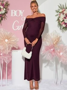 Loomaby 孕婦單肩網紗拼接休閒派對洋裝 性別揭曉洋裝 孕婦洋裝 嬰兒洗禮洋裝 - 酒紅色 - 查看 3