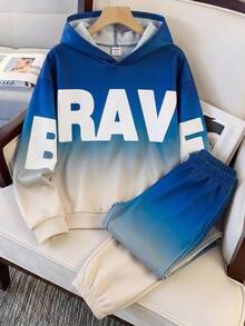 SHEIN Kids Tween Boy Casual Minimalist Long Sleeve Hooded Comfortable Sweatshirt 2 Pieces Set, Suitable For Autumn/Winter, Classic Cool Gradient Pattern Print, Cool Exquisite Large Letter Pattern Print, Suitable For Daily Wear, School, Travel, Sports, Autumn/Winter Season - Khaki - View 7