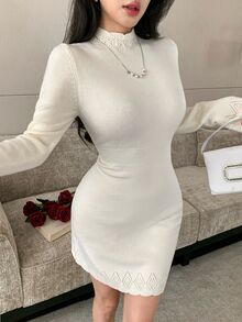 Modelyn Women's High Neck Lace Trim Slimming Long Sleeve Sweater Dress, Autumn/Winter - Apricot - View 6