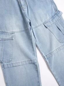 Manfinity Homme Men's Streetwear Multi-Pocket Design Washed Denim Cargo Pants - Light Wash - View 4