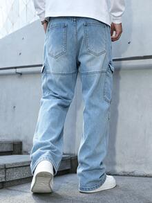 Manfinity Homme Men's Streetwear Multi-Pocket Design Washed Denim Cargo Pants - Light Wash - View 2