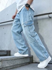 Manfinity Homme Men's Streetwear Multi-Pocket Design Washed Denim Cargo Pants - Light Wash - View 1