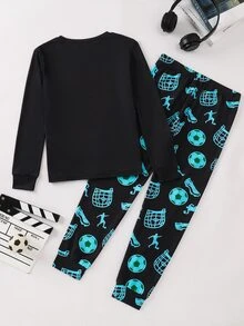 SHEIN 大童男孩螢光足球圖案圓領長袖秋季休閒舒適修身睡衣套裝 2件組 聖誕睡衣 貼身款 - 黑色 - 查看 3