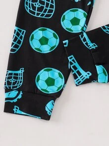 SHEIN 大童男孩螢光足球圖案圓領長袖秋季休閒舒適修身睡衣套裝 2件組 聖誕睡衣 貼身款 - 黑色 - 查看 4