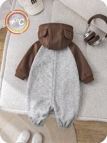 SHEIN Baby Boy Bear Ear Hooded Fleece Zip Jumpsuit Brown Grey Colorblock Unisex Romper Warm Long Sleeve One Piece Outfit For Fall Winter Indoor Outdoor - Multicolor - View 2