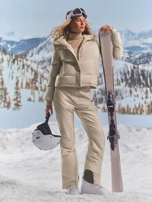 GLOWMODE Après Glow Collection Star Glow Bomber Jacket With Adjustable Hood & Hem, Interior Straps & Fleece-Lined Pockets Daily Casual Winter Skiing - Khaki - View 8