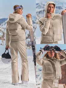 GLOWMODE Après Glow Collection Star Glow Bomber Jacket With Adjustable Hood & Hem, Interior Straps & Fleece-Lined Pockets Daily Casual Winter Skiing - Khaki - View 10