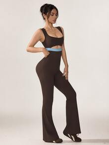 Eassivo Eassivo Women's Hollow Back Twist Colorblock One-Piece Jumpsuit For Outdoor Sports And Exercise - Brown - View 7