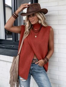 SHEIN LUNE Fashionable Casual Versatile Autumn/Winter/Spring Reversible Criss-Cross Women Sweater Vest - Red - View 1