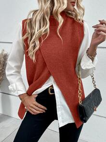 SHEIN LUNE Fashionable Casual Versatile Autumn/Winter/Spring Reversible Criss-Cross Women Sweater Vest - Red - View 6