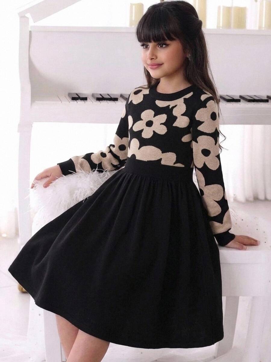 SHEIN Tween Girl Autumn/Winter Fashion Floral Pattern Jacquard Knit Long Sleeve Cinched Waist Dress - Black - View 1