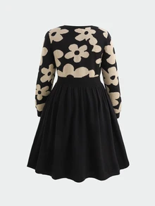 SHEIN Tween Girl Autumn/Winter Fashion Floral Pattern Jacquard Knit Long Sleeve Cinched Waist Dress - Black - View 2
