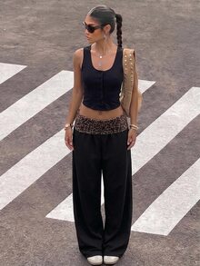 Muchica Women's Casual Y2k 90s Low Waist Straight Leg Pants, Leopard Print Going Out Black Fall - Multicolor - View 5