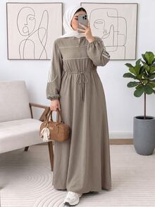 Solavon Women's Plus Size High Waist Long Sleeve Dress - Khaki - View 5