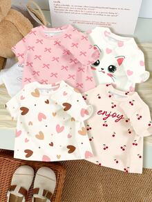 SHEIN 4pcs/Set Young Girl's Casual Basic Round Neck Short Sleeve T-Shirts, Suitable For Spring/Summer - Multicolor - View 6
