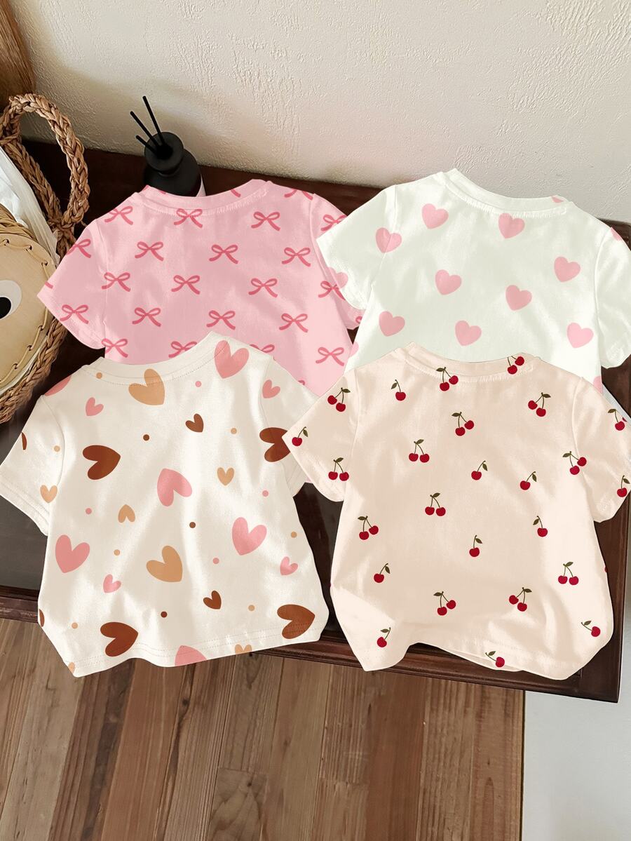 SHEIN 4pcs/Set Young Girl's Casual Basic Round Neck Short Sleeve T-Shirts, Suitable For Spring/Summer - Multicolor - View 1