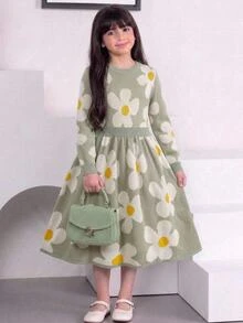 SHEIN Tween Girl Autumn/Winter Fashion Floral Pattern Jacquard Knit Long Sleeve Cinched Waist Dress - Green - View 1