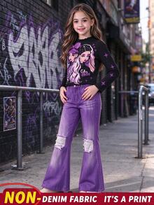 SHEIN ChillGRL 青少年女孩 2 件套服裝，黑色假領人物圖案長袖上衣搭配紫色破洞牛仔印花非牛仔寬腿喇叭褲套裝 - 紫色 - 查看 1