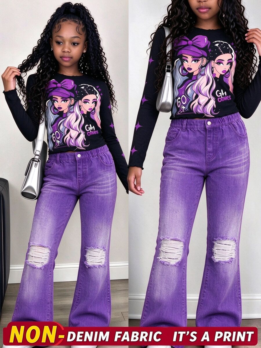 SHEIN ChillGRL Tween Girls 2pcs Clothing Set, Black Mock Neck Figure Graphic Long Sleeve Top With Purple Ripped Denim Print Non-Denim Wide Leg Flare Pants Outfit - Purple - View 1