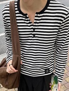 Manfinity BRENVOR White Fitted Ribbed Knit Crew Neck Long Sleeve T-Shirt - Black and White - View 2