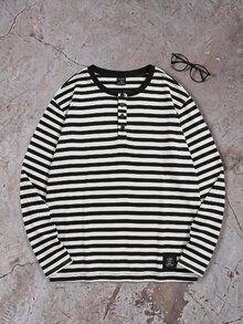 Manfinity BRENVOR White Fitted Ribbed Knit Crew Neck Long Sleeve T-Shirt - Black and White - View 1