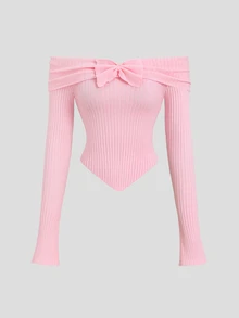 Sweetra Women's Autumn/Winter Sweet & Sexy Hot Girl Style Fitted Off-Shoulder Pullover Sweater For Party, Gathering And Photo Shoot - Pink - View 3