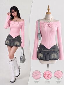 Sweetra Women's Autumn/Winter Sweet & Sexy Hot Girl Style Fitted Off-Shoulder Pullover Sweater For Party, Gathering And Photo Shoot - Pink - View 1