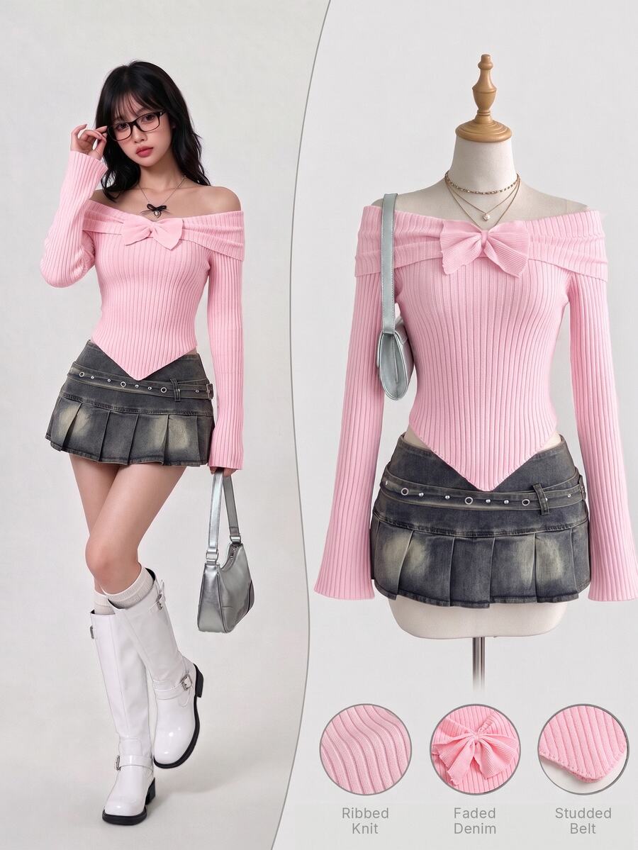 Sweetra Women's Autumn/Winter Sweet & Sexy Hot Girl Style Fitted Off-Shoulder Pullover Sweater For Party, Gathering And Photo Shoot - Pink - View 1