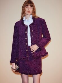 Arave Women's Set Structured Cropped H-Line Tweed Embossed Buttons Ruffle Collar Elegant Purple Solid Women's Set Elegant Women's Suit Set Purple Skirt Chri - Purple - View 5