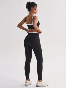 FavEase Women's Patchwork Camisole Top & Contrast Trim Fitted Leggings Sports Set - Black and White - View 2