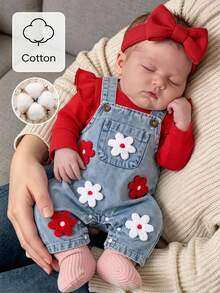 SHEIN Baby Girl 2Pcs Red Ruffle Bodysuit & Cotton Denim Overalls With 3D Flower Applique, Snap Crotch, Outfit For 0-1 Years Old, Daily & Baby Photos - Red - View 2