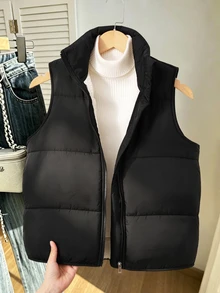 SHEIN 女款休閒時尚梭織防風布料絎縫填充背心外套，寬鬆版型，舒適，適合秋冬日常通勤、外出、聚會、拍照、購物 - 黑色 - 查看 3