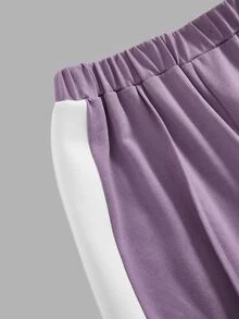 SHEIN Tween Girl Kids Loose Casual Minimalist Letter Print Crew Neck Pullover Colorblock Sweatshirt And Sweatpants Set,Christmas/Halloween,Winter - Purple - View 4
