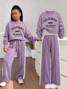 SHEIN Tween Girl Kids Loose Casual Minimalist Letter Print Crew Neck Pullover Colorblock Sweatshirt And Sweatpants Set,Christmas/Halloween,Winter - Purple - View 6