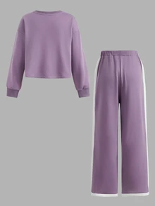 SHEIN Tween Girl Kids Loose Casual Minimalist Letter Print Crew Neck Pullover Colorblock Sweatshirt And Sweatpants Set,Christmas/Halloween,Winter - Purple - View 2
