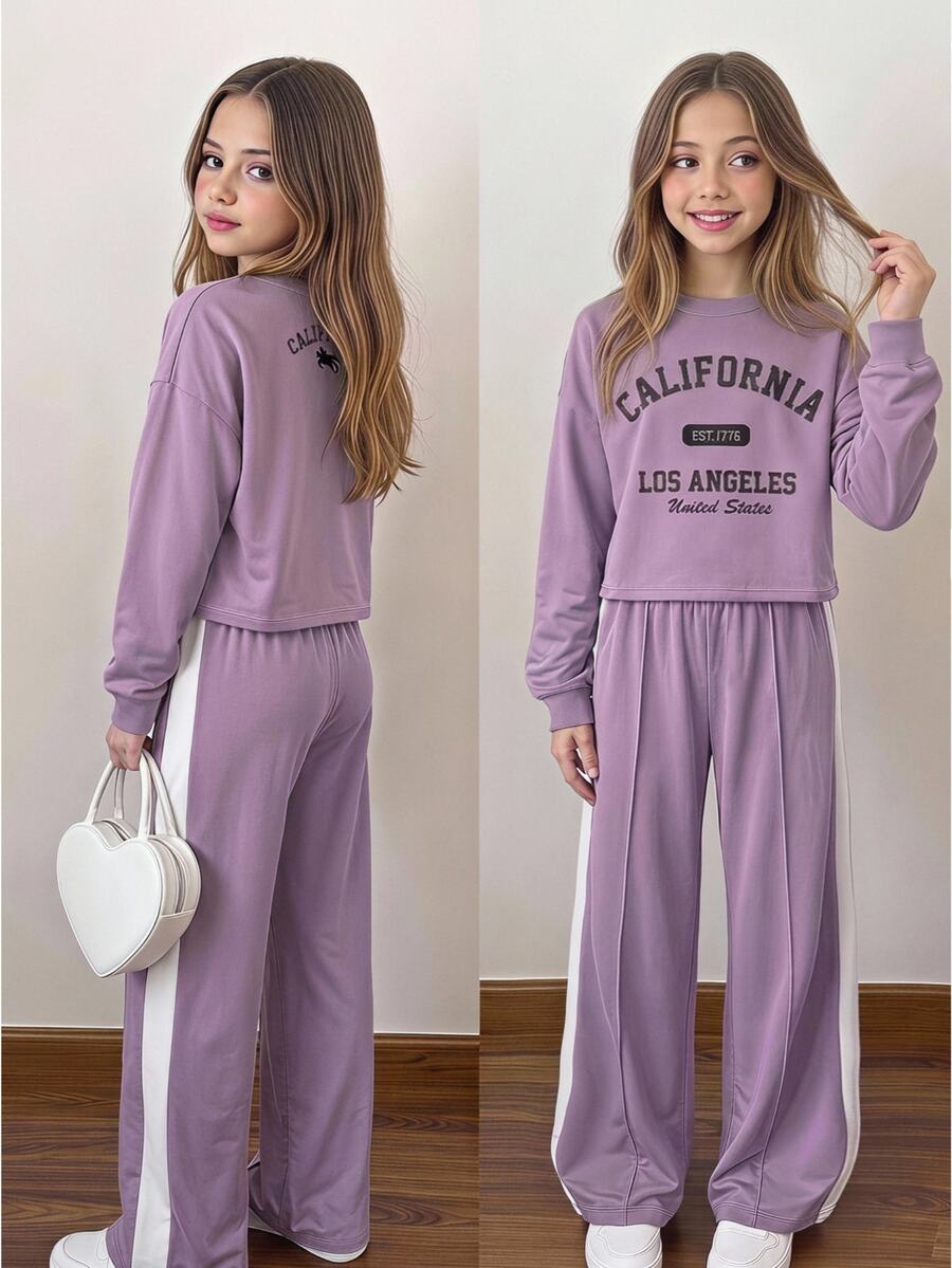 SHEIN Tween Girl Kids Loose Casual Minimalist Letter Print Crew Neck Pullover Colorblock Sweatshirt And Sweatpants Set,Christmas/Halloween,Winter - Purple - View 1