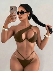 Swim SXY Stylish Brown Bikini For Women, Metal Chain Detail And One Shoulder Design For Summer Beach Party Sexy - Coffee Brown - View 2