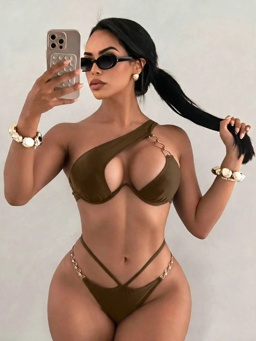 Swim SXY Stylish Brown Bikini For Women, Metal Chain Detail And One Shoulder Design For Summer Beach Party Sexy