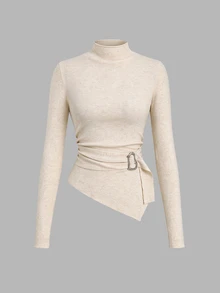 Sweetra Apricot Semi-High Neck Fashion Urban Charm Commute Elegant Modern Minimalist Versatile Metal Buckle Decor Asymmetrical Hem Pullover Knit Base Layer Top For Women - Apricot - View 4